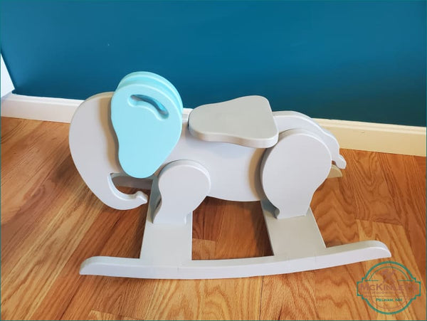 Baby Elephant Rocker painted grey with baby blue ears.