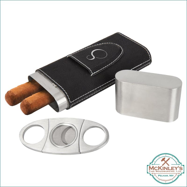 Personalized Leatherette Cigar Case with Cutter - Black with