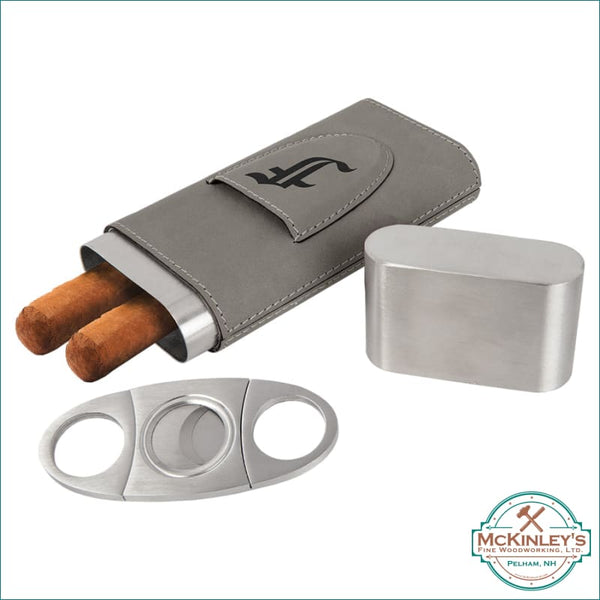 Personalized Leatherette Cigar Case with Cutter - Gray with 