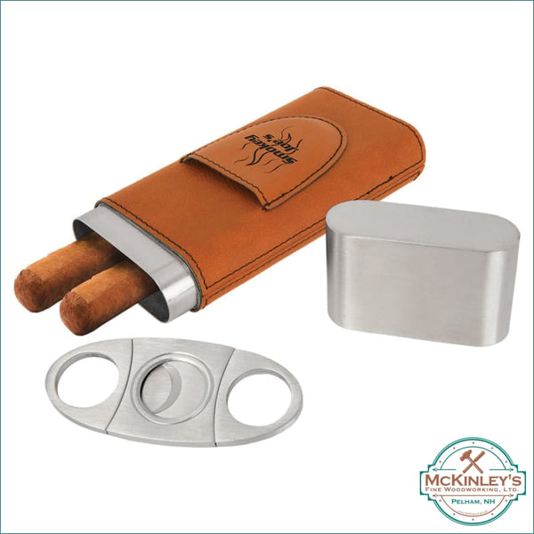 Personalized Leatherette Cigar Case with Cutter - Rawhide 