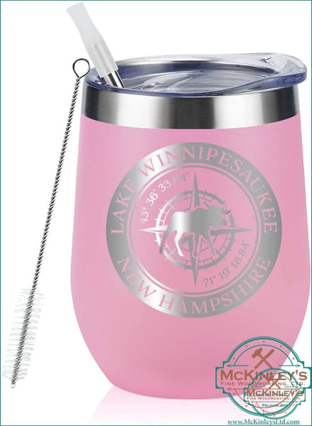 Personalized Wine Glass Tumbler - Pink / Lake Winni Compass